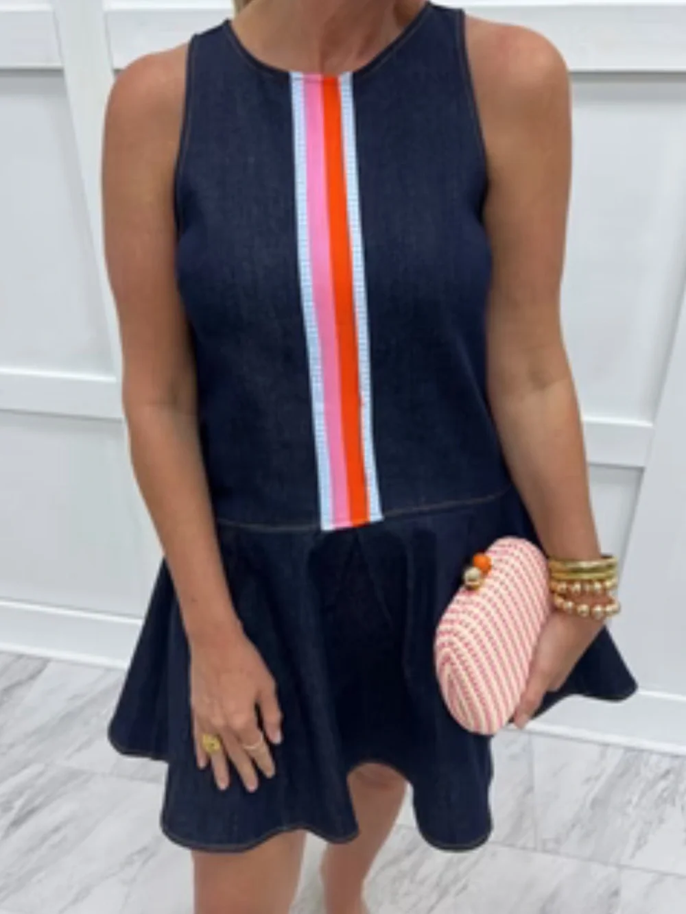 THML Denim Dress Boutique Bold Stripe Accent Large NWT $99 Preppy Feminine - Picture 1 of 8